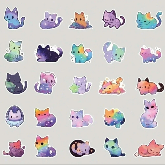 Cute fun 50 piece set vibrant vinyl stickers cat galaxy print rainbow print long - Picture 7 of 8